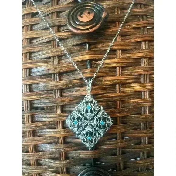 Silver & Turquoise tone Beaded diamond Pendant Necklace western feminine ranch - Picture 3 of 5